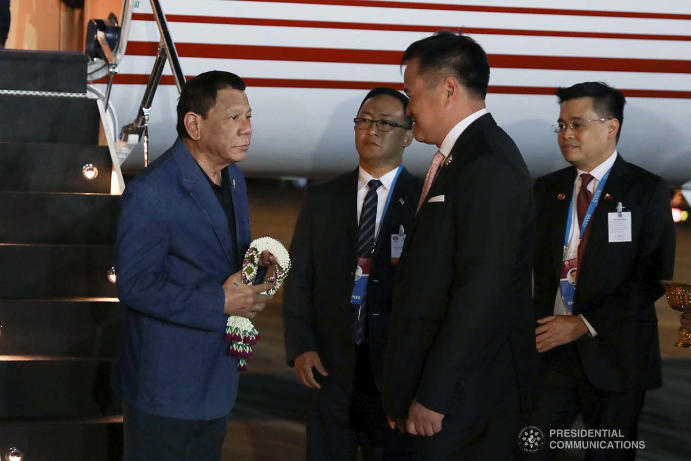 President Rodrigo Roa Duterte is welcomed by Thailand's Deputy Prime Minister Anutin Charnvirakul upon his arrival at the Royal Thai Air Force Base in Bangkok, Thailand on November 1, 2019. TOTO LOZANO/PRESIDENTIAL PHOTO