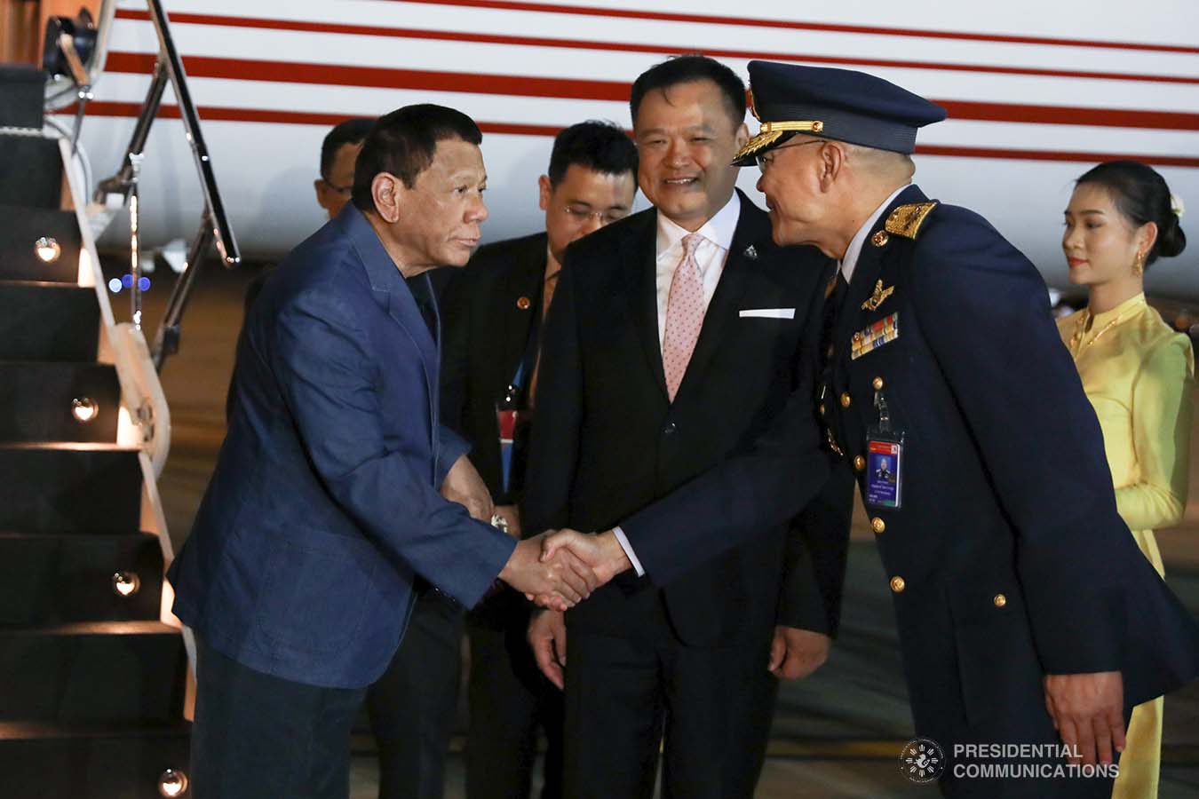 President Rodrigo Roa Duterte is welcomed by a member of the reception party upon his arrival at the Royal Thai Air Force Base in Bangkok, Thailand on November 1, 2019. TOTO LOZANO/PRESIDENTIAL PHOTO