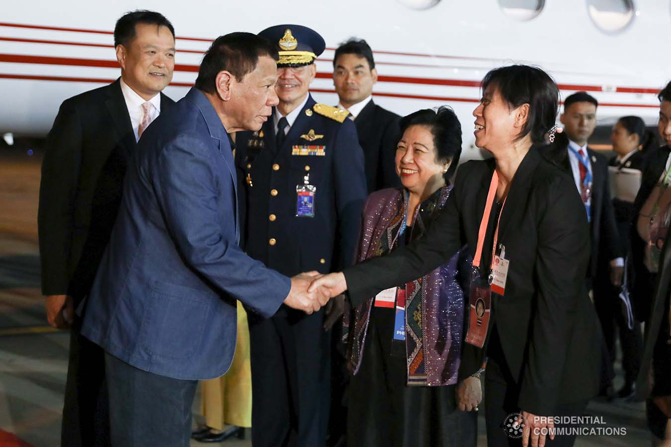 President Rodrigo Roa Duterte is welcomed by a member of the reception party upon his arrival at the Royal Thai Air Force Base in Bangkok, Thailand on November 1, 2019. TOTO LOZANO/PRESIDENTIAL PHOTO