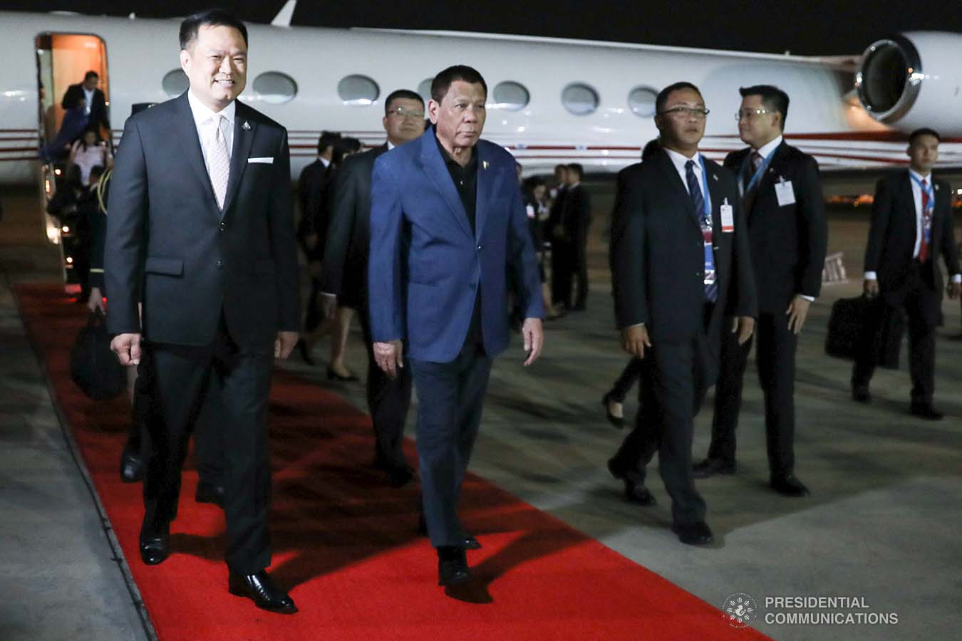 President Rodrigo Roa Duterte is accompanied by Thailand's Deputy Prime Minister Anutin Charnvirakul upon his arrival at the Royal Thai Air Force Base in Bangkok, Thailand on November 1, 2019. TOTO LOZANO/PRESIDENTIAL PHOTO