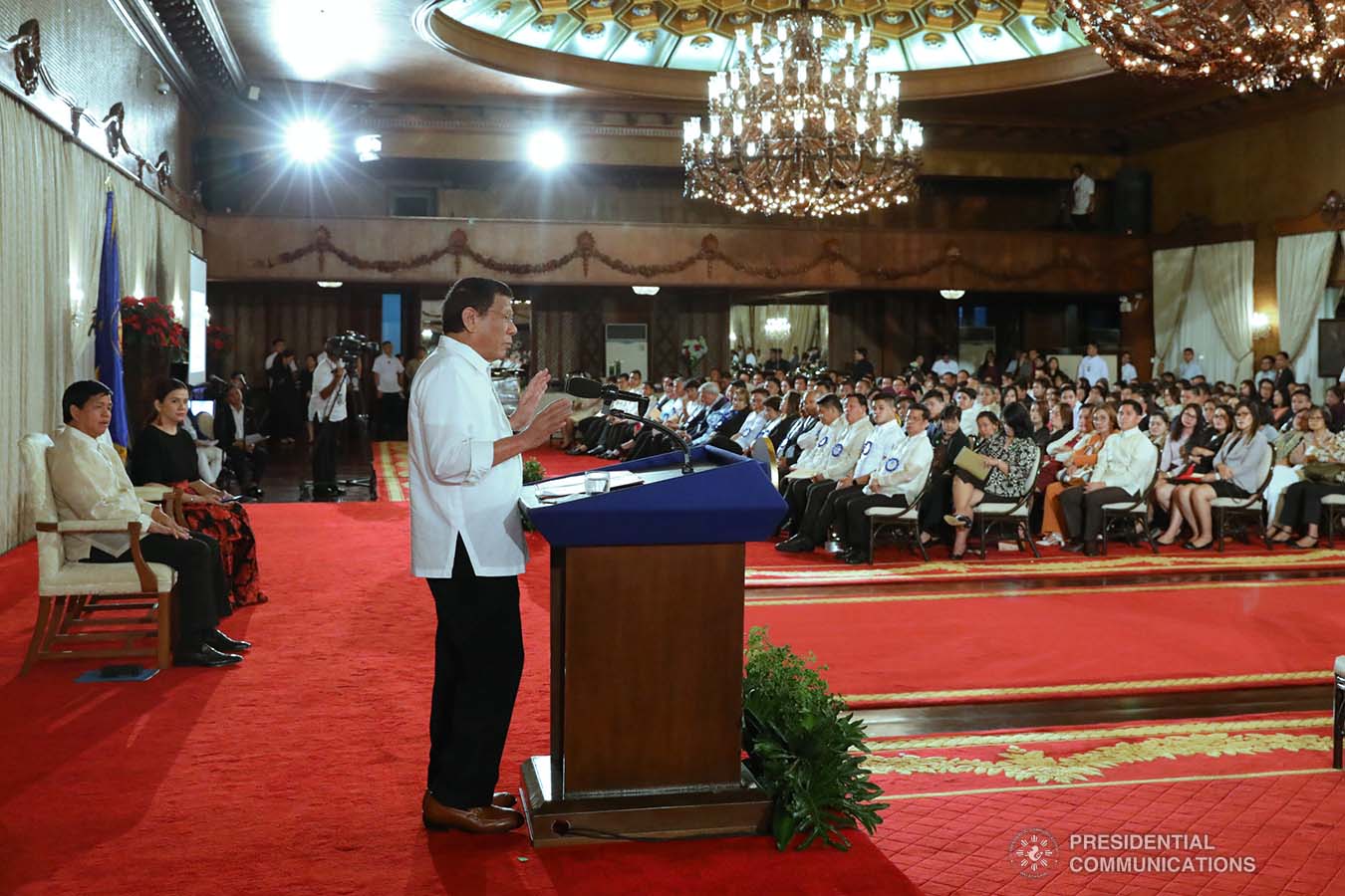 President Rodrigo Roa Duterte delivers his speech after leading the awarding ceremony for the 2018 Presidential Award for Child-Friendly Municipalities and Cities (PACFMC) at the Malacañan Palace on November 28, 2019. TOTO LOZANO/PRESIDENTIAL PHOTO