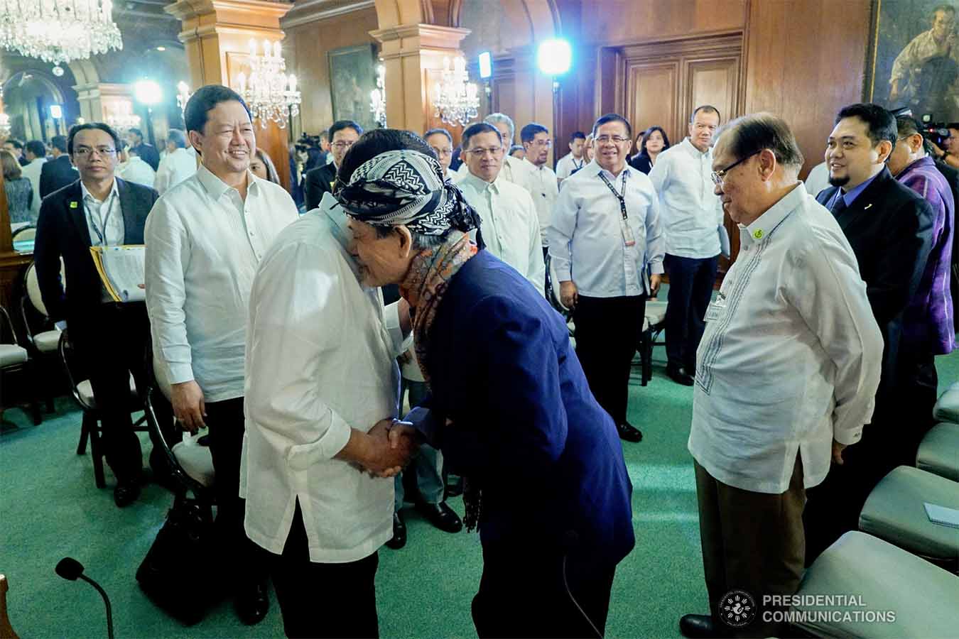 President Rodrigo Roa Duterte gives a warm welcome to Moro National Liberation Front Founding Chairman Nur Misuari at the Malacañan Palace on November 11, 2019. KING RODRIGUEZ/PRESIDENTIAL PHOTO