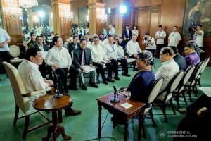 President Rodrigo Roa Duterte discusses matters with Moro National Liberation Front Founding Chairman Nur Misuari during a meeting at the Malacañan Palace on November 11, 2019. KING RODRIGUEZ/PRESIDENTIAL PHOTO