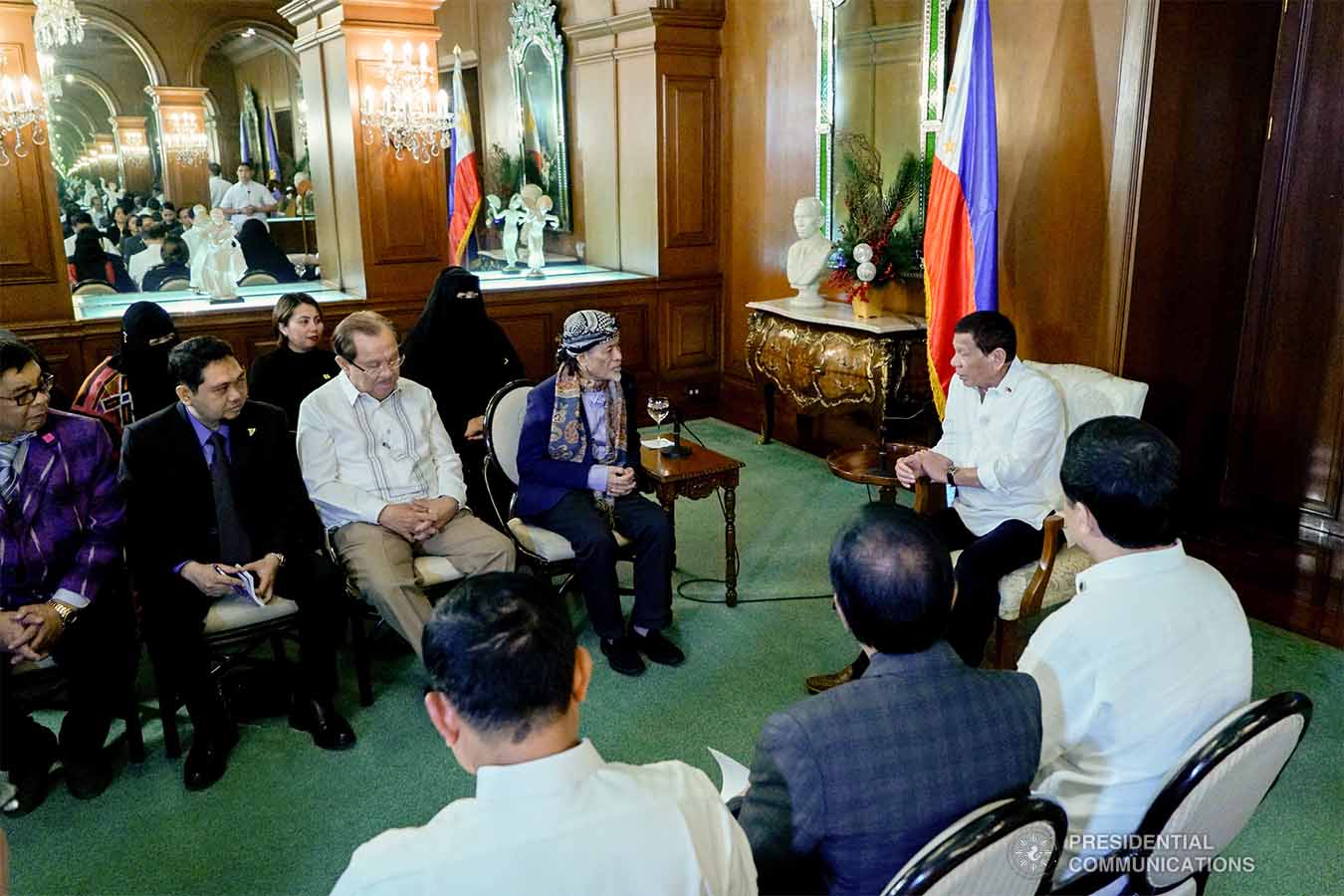 President Rodrigo Roa Duterte discusses matters with Moro National Liberation Front Founding Chairman Nur Misuari during a meeting at the Malacañan Palace on November 11, 2019. KING RODRIGUEZ/PRESIDENTIAL PHOTO