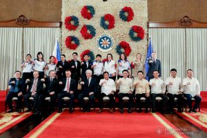 President Rodrigo Roa Duterte strikes his signature pose with Russian Ambassador to the Philippines Igor Khovaev and the delegates of the 5th Association of Southeast Asian Nations (ASEAN)-Russia Youth Summit during the meeting at the Malacañan Palace on November 29, 2019. KARL NORMAN ALONZO/PRESIDENTIAL PHOTO