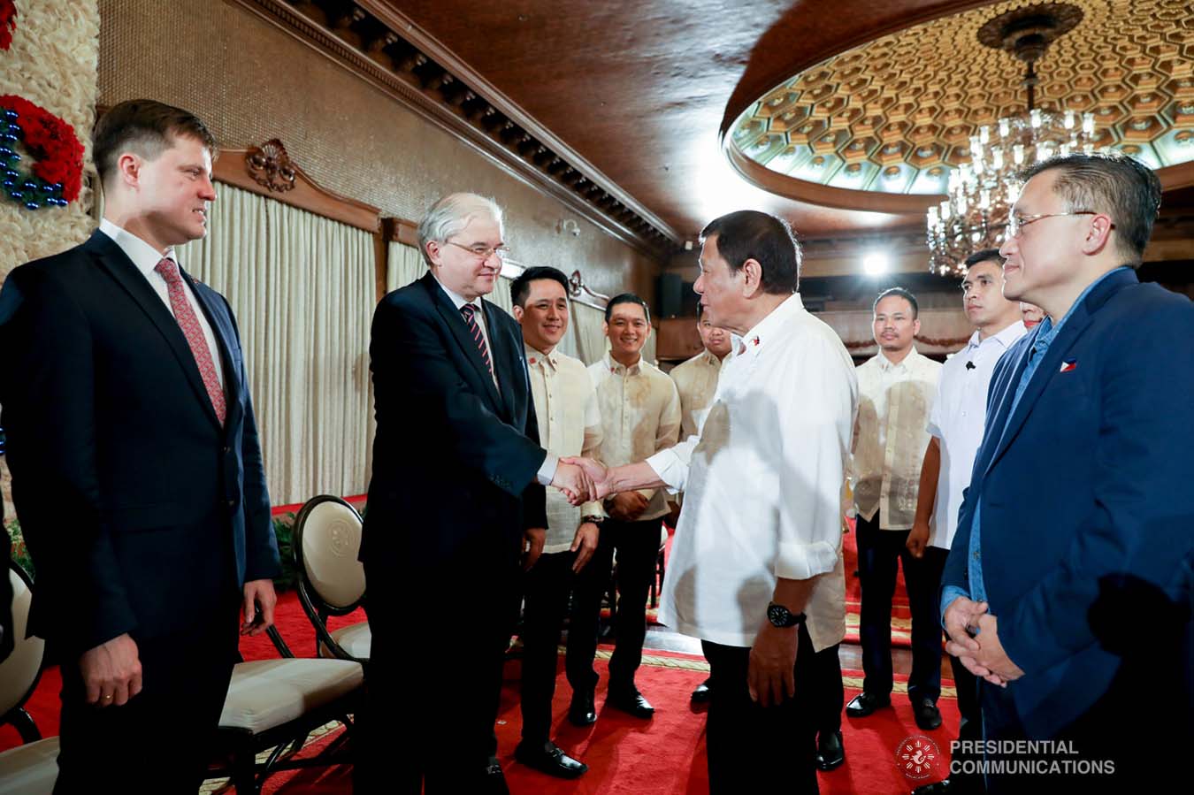 President Rodrigo Roa Duterte greets Russian Ambassador to the Philippines Igor Khovaev as he meets the delegates of the 5th Association of Southeast Asian Nations (ASEAN)-Russia Youth Summit at the Malacañan Palace on November 29, 2019. KARL NORMAN ALONZO/PRESIDENTIAL PHOTO