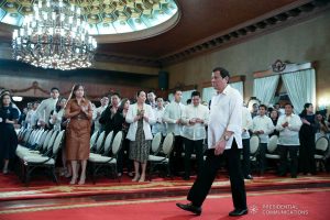 President Rodrigo Roa Duterte arrives at the Malacañan Palace for the ceremonial signing of the Postponement of the 2020 Barangay and Sangguniang Kabataan Elections Act and the Malasakit Center Act on December 3, 2019. ALBERT ALCAIN/PRESIDENTIAL PHOTO