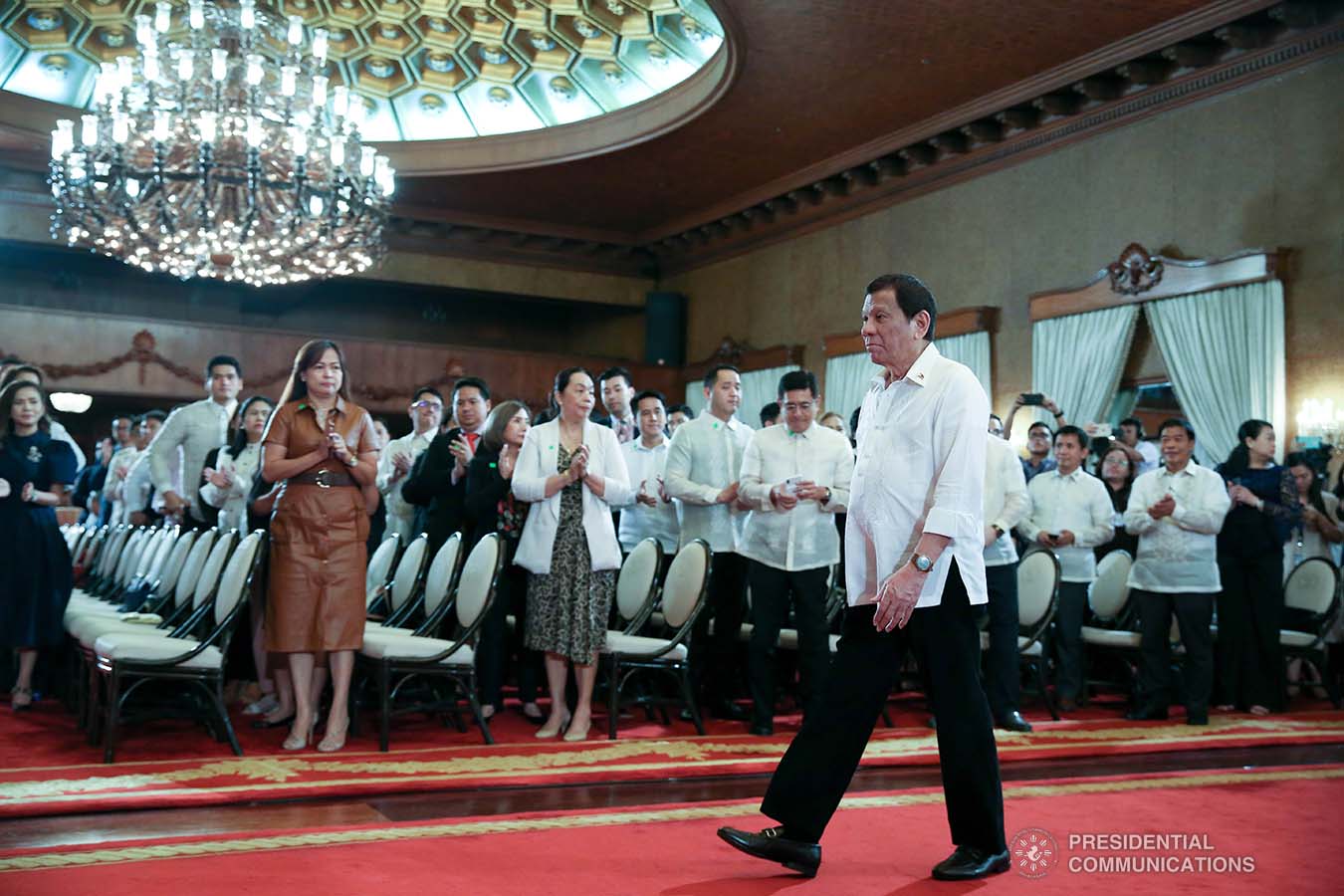President Rodrigo Roa Duterte arrives at the Malacañan Palace for the ceremonial signing of the Postponement of the 2020 Barangay and Sangguniang Kabataan Elections Act and the Malasakit Center Act on December 3, 2019. ALBERT ALCAIN/PRESIDENTIAL PHOTO