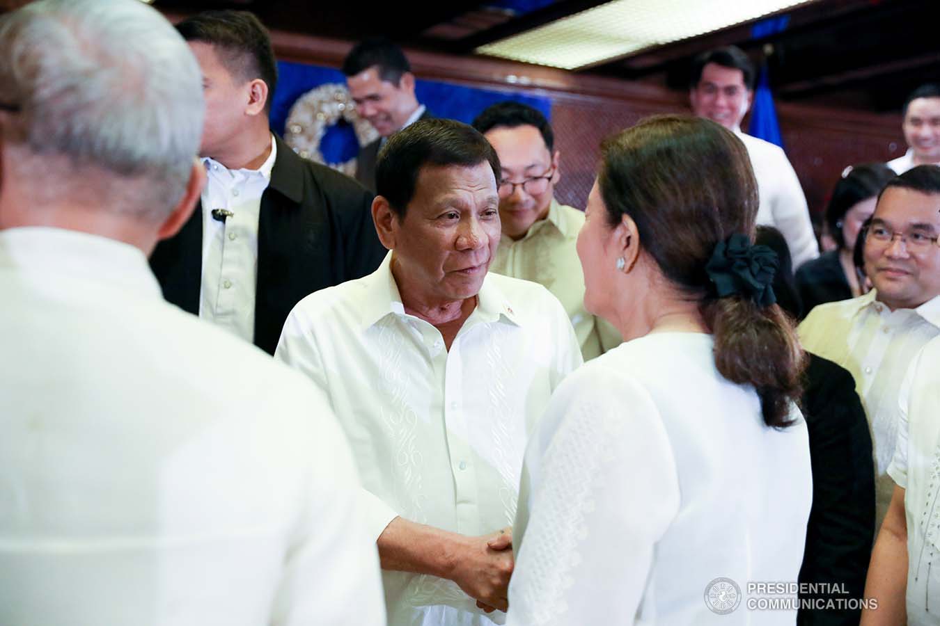 President Rodrigo Roa Duterte greets one of the newly-appointed government officials during their oath-taking ceremony at the Malacañan Palace on December 3, 2019. TOTO LOZANO/PRESIDENTIAL PHOTO