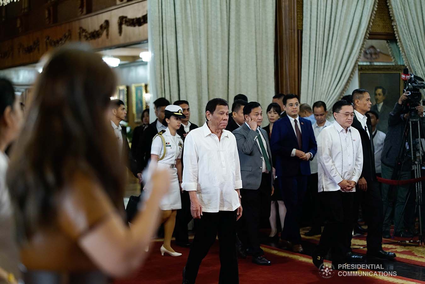 President Rodrigo Roa Duterte arrives at the Malacañan Palace for the ceremonial signing of the Postponement of the 2020 Barangay and Sangguniang Kabataan Elections Act and the Malasakit Center Act on December 3, 2019. KING RODRIGUEZ/PRESIDENTIAL PHOTO