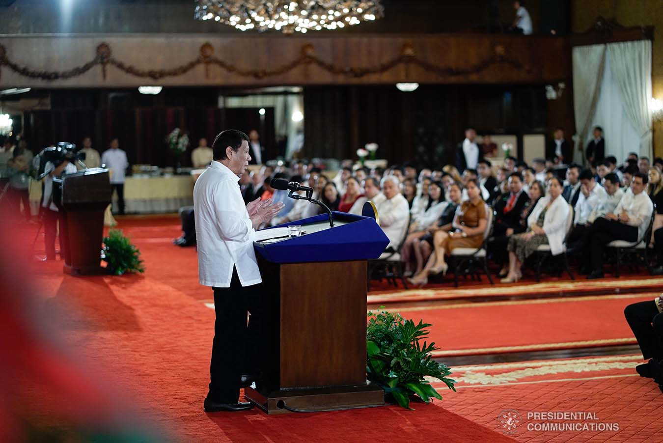 President Rodrigo Roa Duterte delivers his speech during the ceremonial signing of the Postponement of the 2020 Barangay and Sangguniang Kabataan Elections Act and the Malasakit Center Act at the Malacañan Palace on December 3, 2019. KING RODRIGUEZ/PRESIDENTIAL PHOTO