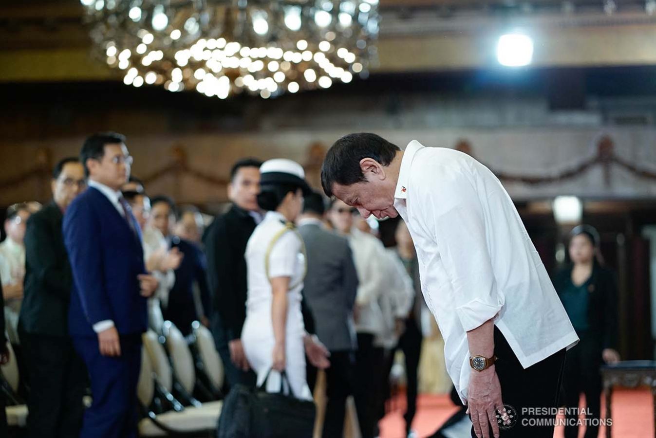 President Rodrigo Roa Duterte takes a bow before the guests during the ceremonial signing of the Postponement of the 2020 Barangay and Sangguniang Kabataan Elections Act and the Malasakit Center Act at the Malacañan Palace on December 3, 2019. KING RODRIGUEZ/PRESIDENTIAL PHOTO