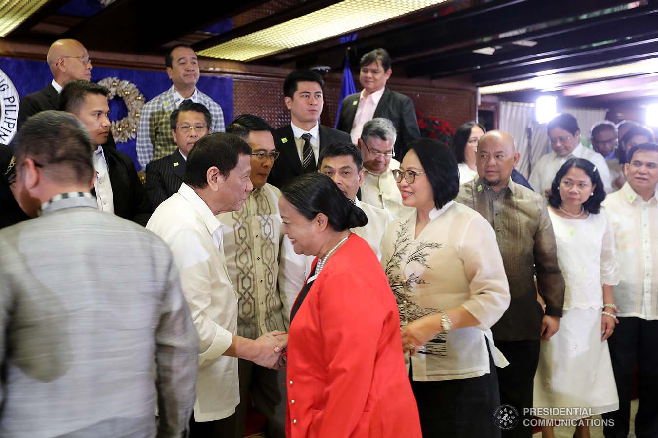 President Rodrigo Roa Duterte greets some of the newly-appointed government officials during their oath-taking ceremony at the Malacañan Palace on December 3, 2019. VALERIE ESCALERA/PRESIDENTIAL PHOTO