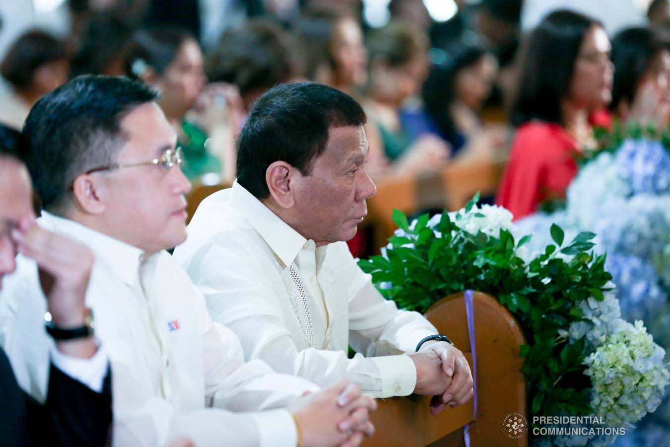 President Rodrigo Roa Duterte kneels in prayer during the wedding of Makkaria and First Lieutenant James Estoesta at the St. Ignatius Chapel in Fort Gen. Gregorio H. del Pilar, Baguio City on December 8, 2019. SIMEON CELI JR./PRESIDENTIAL PHOTO