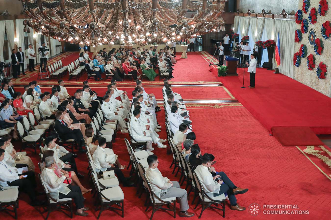 President Rodrigo Roa Duterte delivers his speech during the oath-taking ceremony of the newly promoted uniformed personnel of the Bureau of Fire Protection, Bureau of Jail Management and Penology and Philippine Coast Guard at the Malacañan Palace on December 10, 2019. RICHARD MADELO/PRESIDENTIAL PHOTO