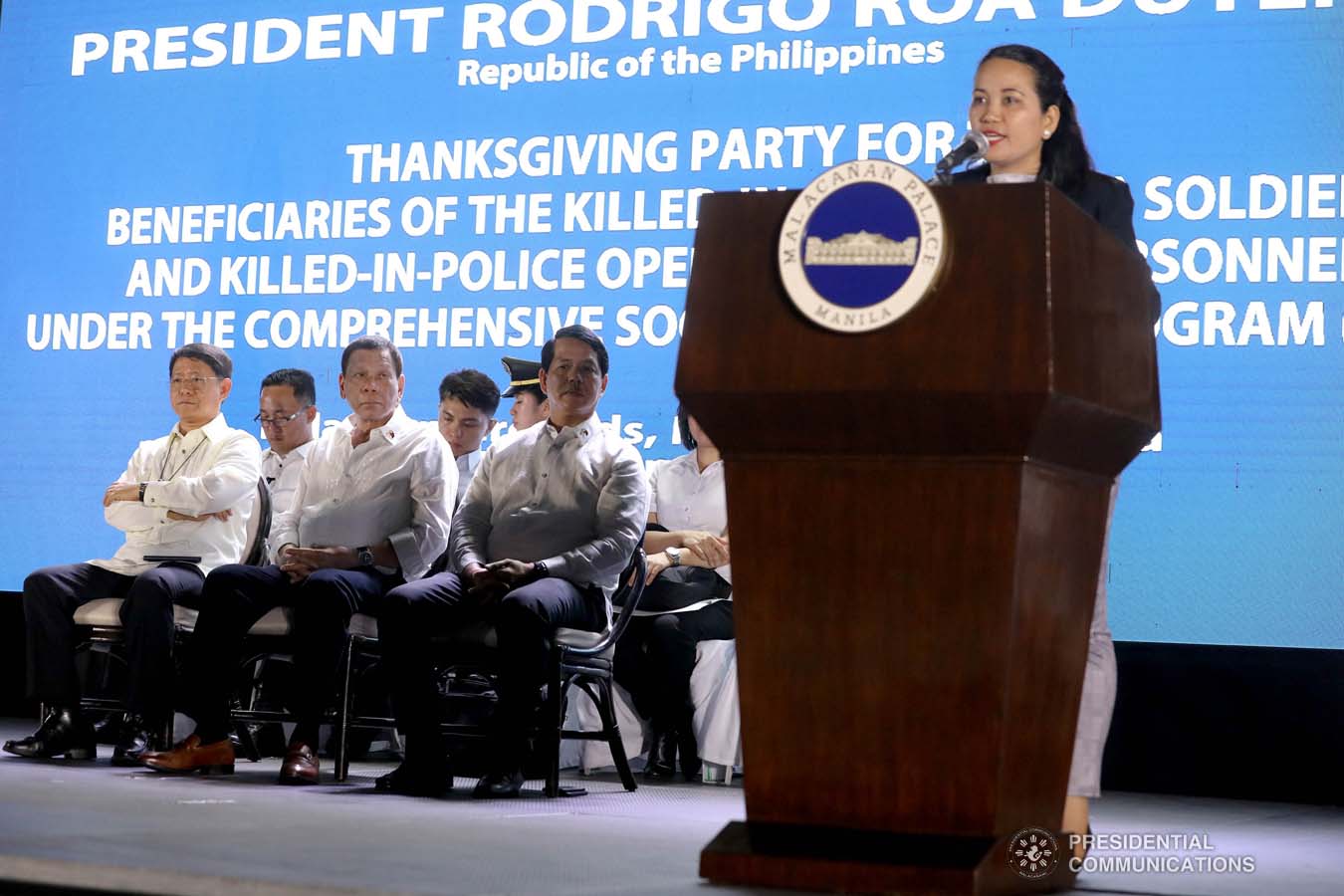 President Rodrigo Roa Duterte witnesses the program proper during the Thanksgiving party for the beneficiaries of   the killed-in-action (KIA) soldiers and killed-in-police operation (KIPO) personnel under the Comprehensive Social   Benefits Program at the Malacañan Palace on December 10, 2019. ALFRED FRIAS/PRESIDENTIAL PHOTO