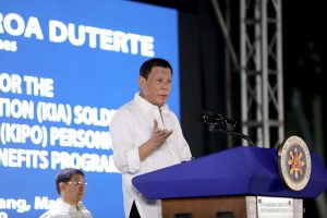 President Rodrigo Roa Duterte delivers his speech during the Thanksgiving Party for the beneficiaries of the killed-in-action (KIA) soldiers and killed-in-police operation (KIPO) personnel under the Comprehensive Social Benefits Program at the Malacañan Palace on December 10, 2019. ALFRED FRIAS/PRESIDENTIAL PHOTO