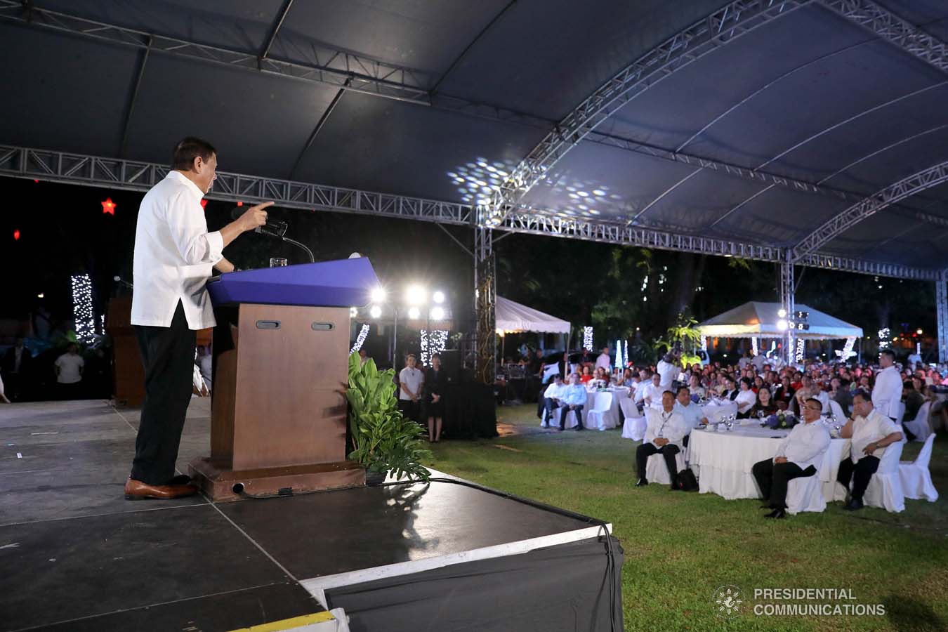 President Rodrigo Roa Duterte delivers his speech during the Thanksgiving party for the beneficiaries of the killed-in-action (KIA) soldiers and killed-in-police operation (KIPO) personnel under the Comprehensive Social Benefits Program at the Malacañan Palace on December 10, 2019. ALFRED FRIAS/PRESIDENTIAL PHOTO