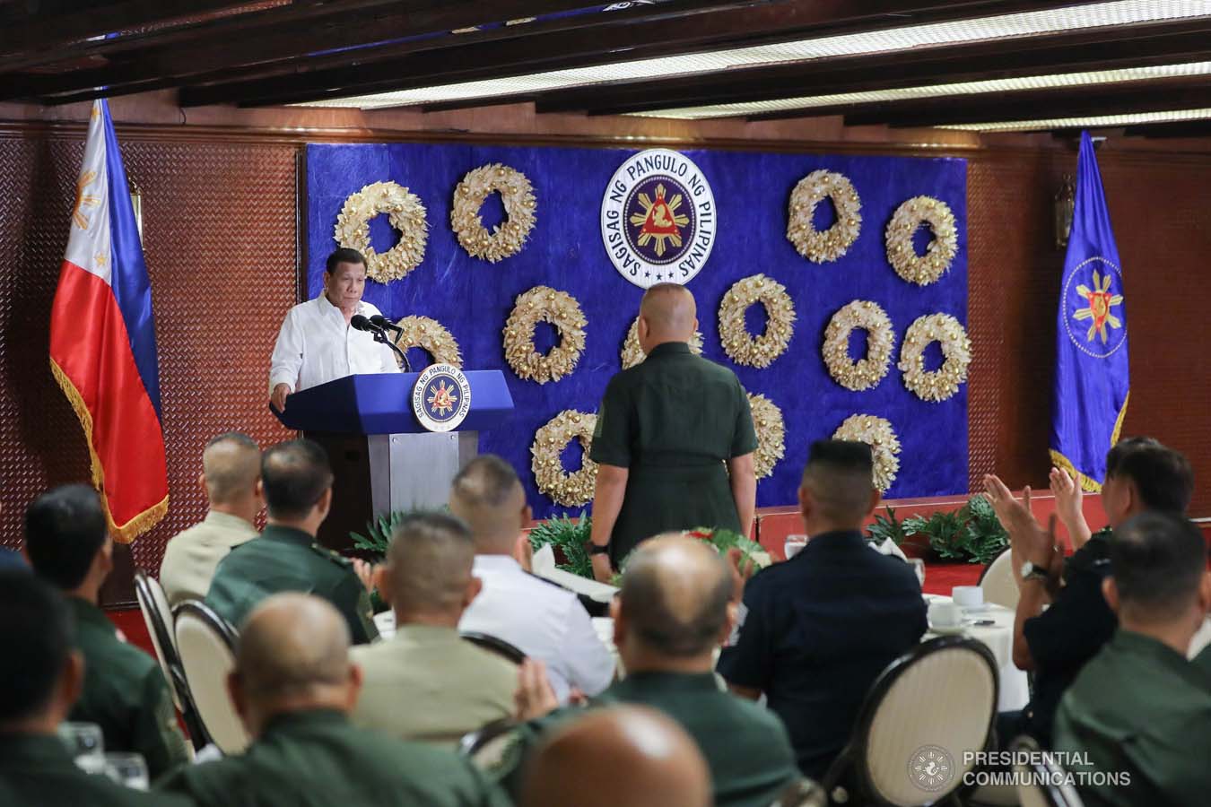 President Rodrigo Roa Duterte delivers his speech during the Thanksgiving gathering he hosted for the Armed Forces of the Philippines Council of the Sergeants Major at the Malacañan Palace on December 10, 2019. ALFRED FRIAS/PRESIDENTIAL PHOTO