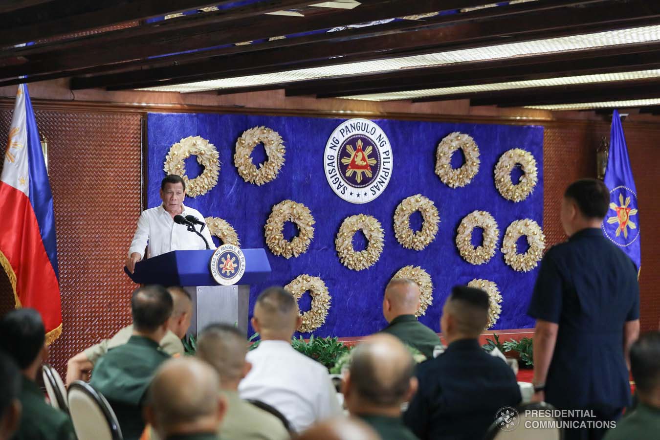 President Rodrigo Roa Duterte delivers his speech during the Thanksgiving gathering he hosted for the Armed Forces of the Philippines Council of the Sergeants Major at the Malacañan Palace on December 10, 2019. ALFRED FRIAS/PRESIDENTIAL PHOTO