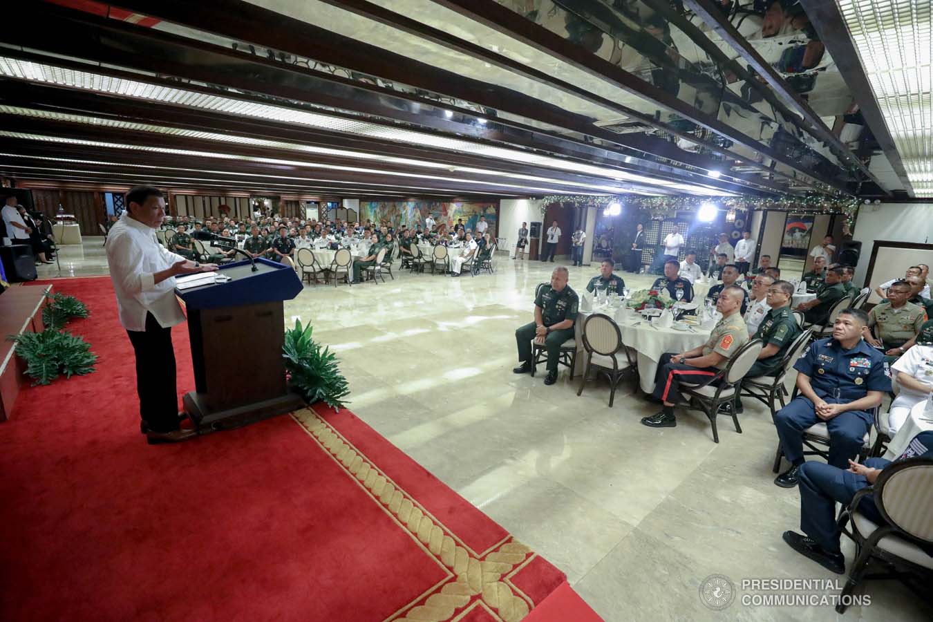 President Rodrigo Roa Duterte delivers his speech during the Thanksgiving gathering he hosted for the Armed Forces of the Philippines Council of the Sergeants Major at the Malacañan Palace on December 10, 2019. SIMEON CELI JR./PRESIDENTIAL PHOTO