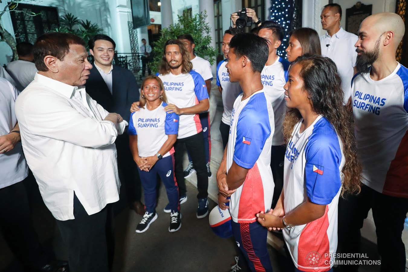 President Rodrigo Roa Duterte chats with the Philippine Surfing Team during a meeting at the Malacañan Palace on December 10, 2019. SIMEON CELI JR./PRESIDENTIAL PHOTO