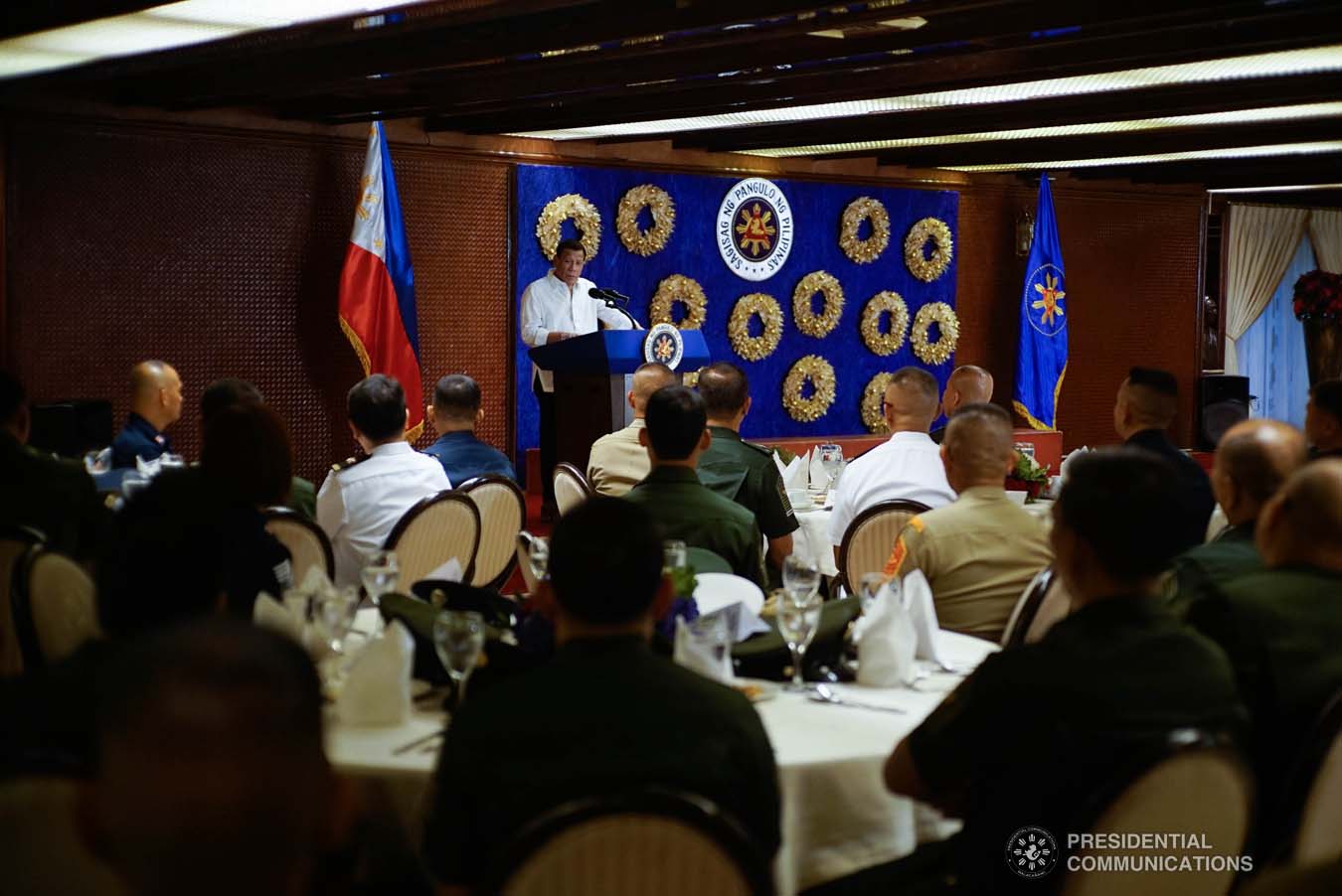 President Rodrigo Roa Duterte delivers his speech during the Thanksgiving gathering he hosted for the Armed Forces of the Philippines Council of the Sergeants Major at the Malacañan Palace on December 10, 2019. KING RODRIGUEZ/PRESIDENTIAL PHOTO