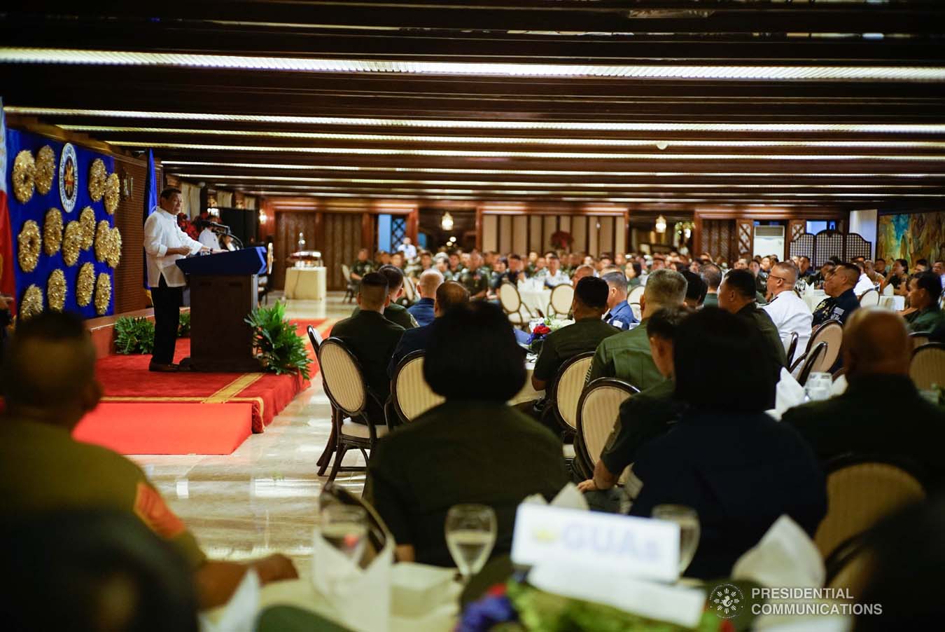 President Rodrigo Roa Duterte delivers his speech during the Thanksgiving gathering he hosted for the Armed Forces of the Philippines Council of the Sergeants Major at the Malacañan Palace on December 10, 2019. KING RODRIGUEZ/PRESIDENTIAL PHOTO