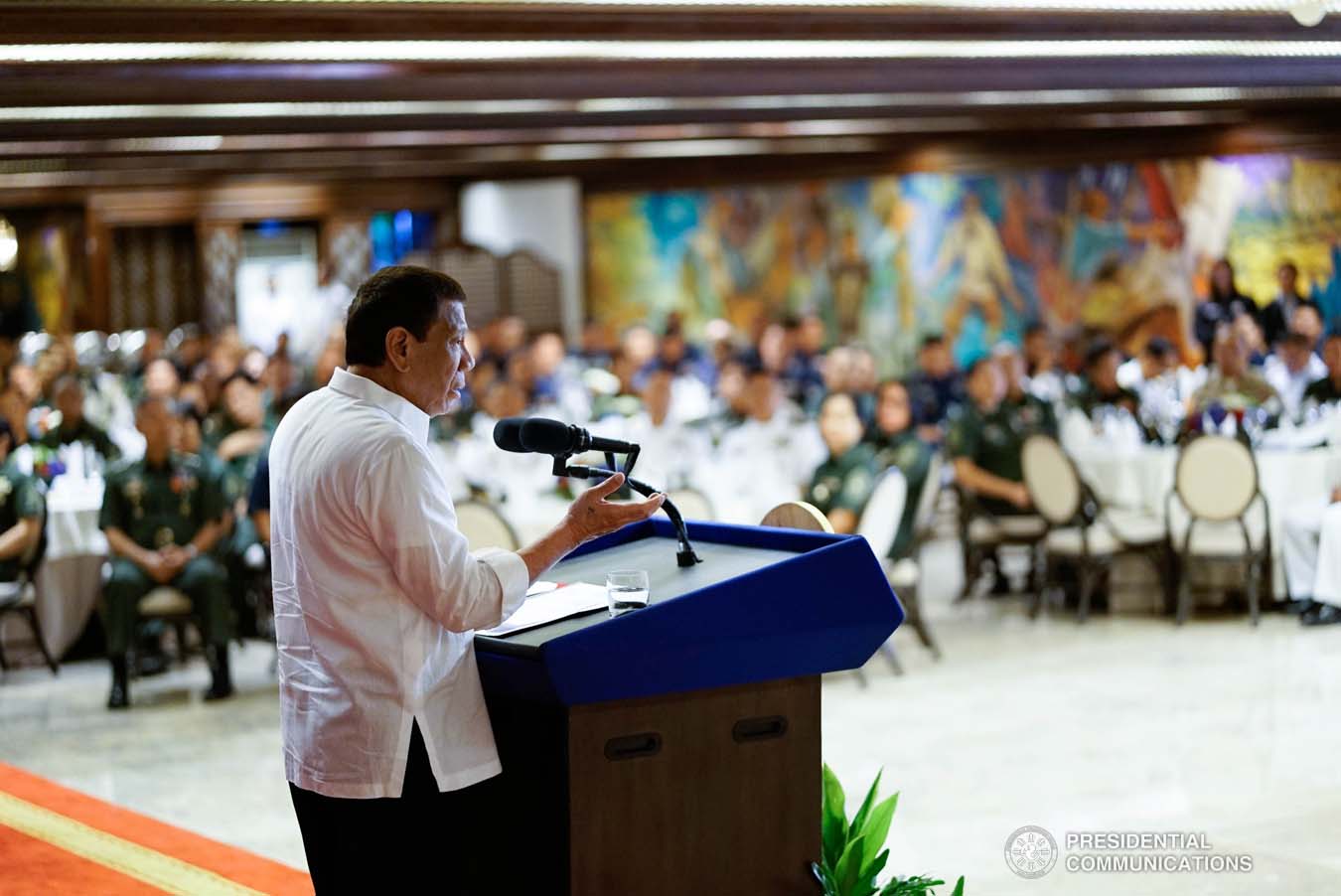 President Rodrigo Roa Duterte delivers his speech during the Thanksgiving gathering he hosted for the Armed Forces of the Philippines Council of the Sergeants Major at the Malacañan Palace on December 10, 2019. KING RODRIGUEZ/PRESIDENTIAL PHOTO