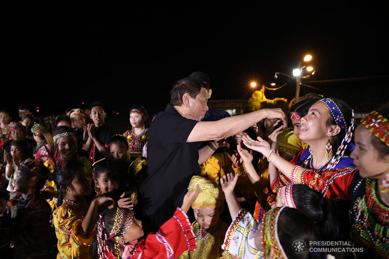 President Rodrigo Roa Duterte is greeted by the children from various Indigenous Peoples tribes in Mindanao at the Tactical Operations Group (TOG)-11 in Davao City on December 14, 2019. ACE MORANDANTE/PRESIDENTIAL PHOTO