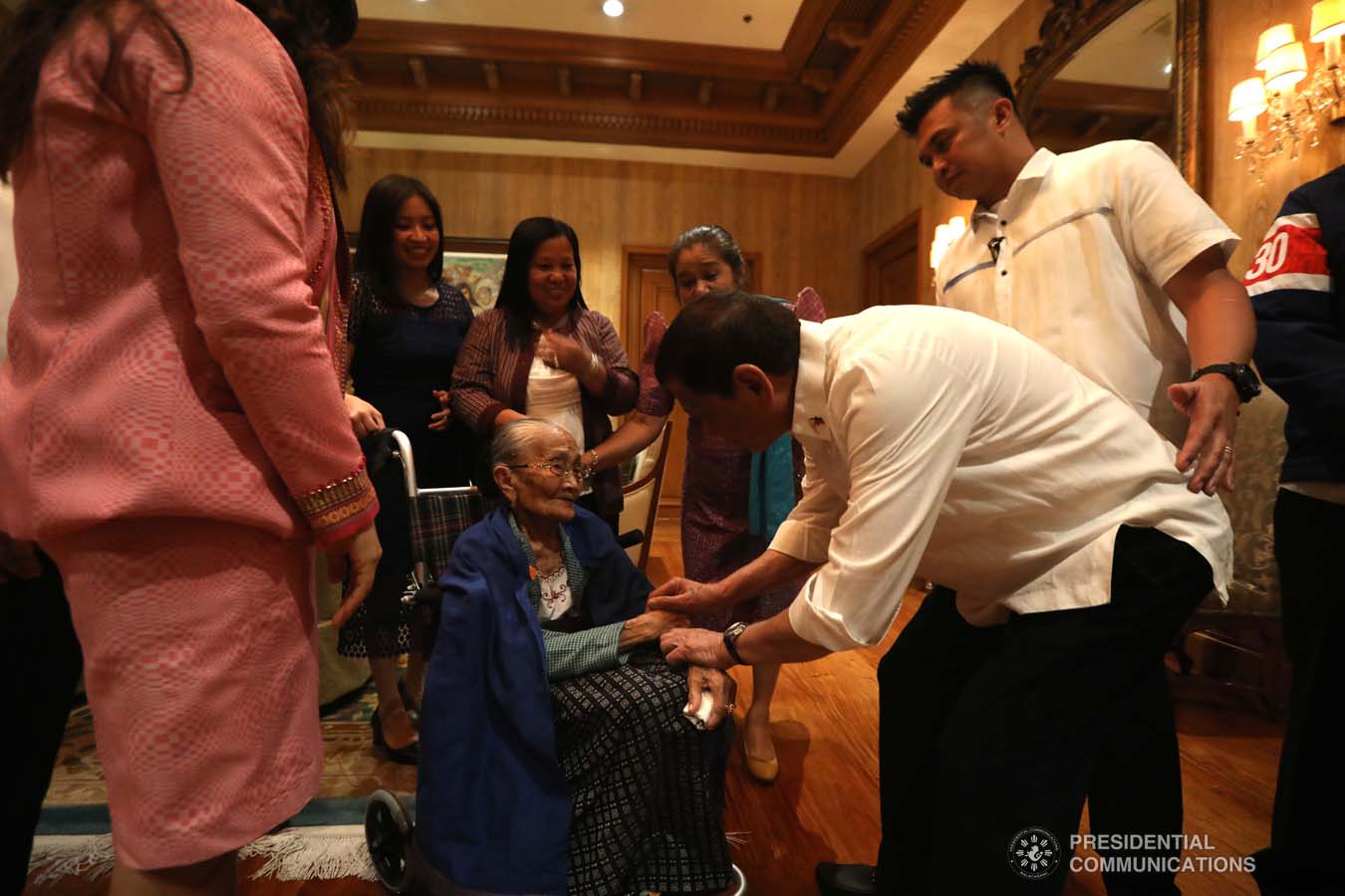 President Rodrigo Roa Duterte greets 2012 Gawad Manlilikha ng Bayan for Textile Awardee Magdaleno Gamayo at the Malacañan Palace on December 18, 2019. With the President is his partner Cielito Avanceña. KARL NORMAN ALONZO/PRESIDENTIAL PHOTO