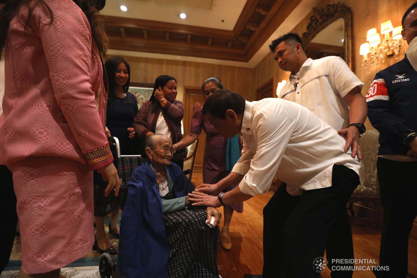 President Rodrigo Roa Duterte greets 2012 Gawad Manlilikha ng Bayan for Textile Awardee Magdaleno Gamayo at the Malacañan Palace on December 18, 2019. KARL NORMAN ALONZO/PRESIDENTIAL PHOTO