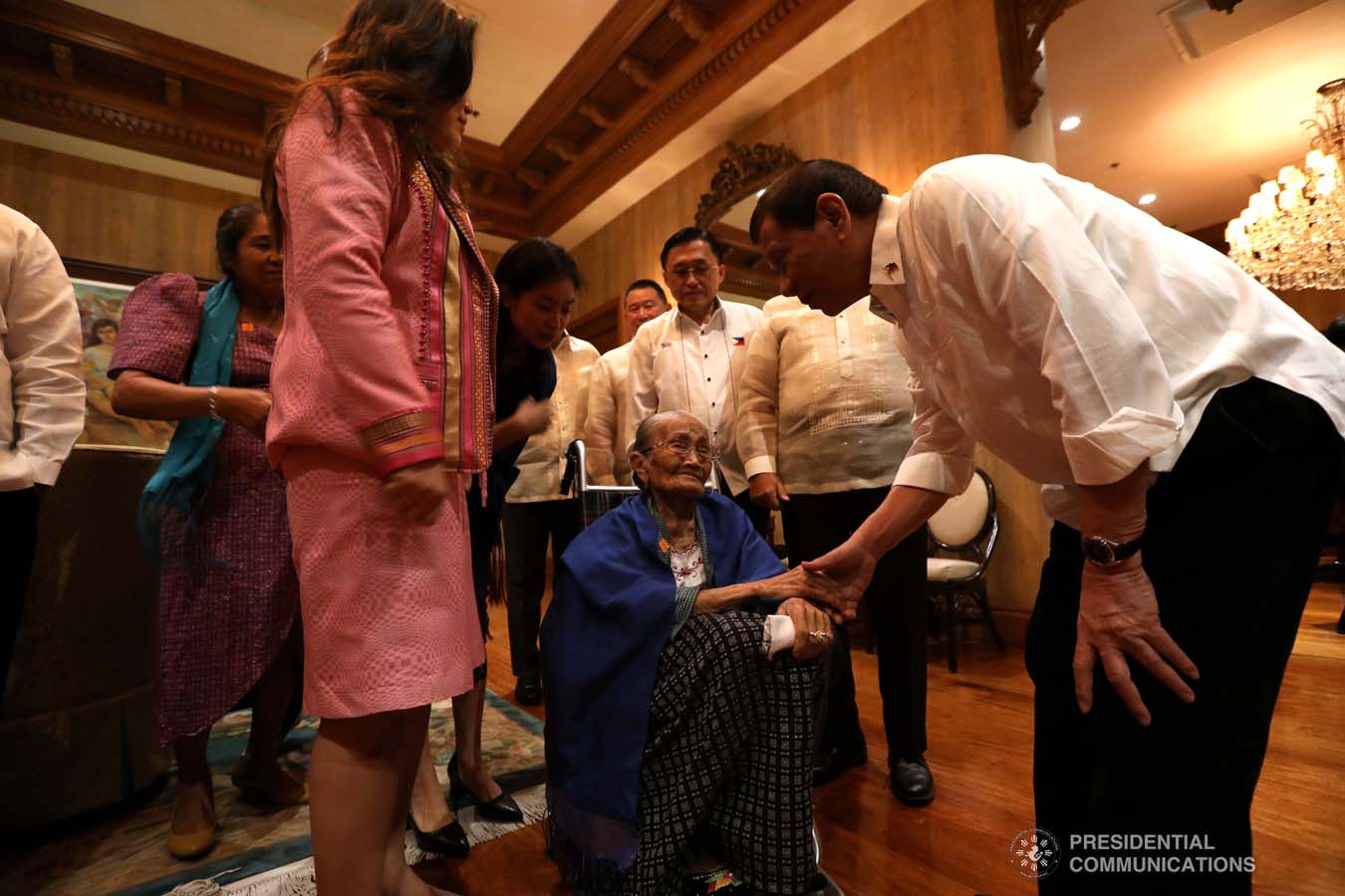 President Rodrigo Roa Duterte greets 2012 Gawad Manlilikha ng Bayan for Textile awardee Magdalena Gamayo at the Malacañan Palace on December 18, 2019. With the President is his partner Cielito Avanceña. KARL NORMAN ALONZO/PRESIDENTIAL PHOTO