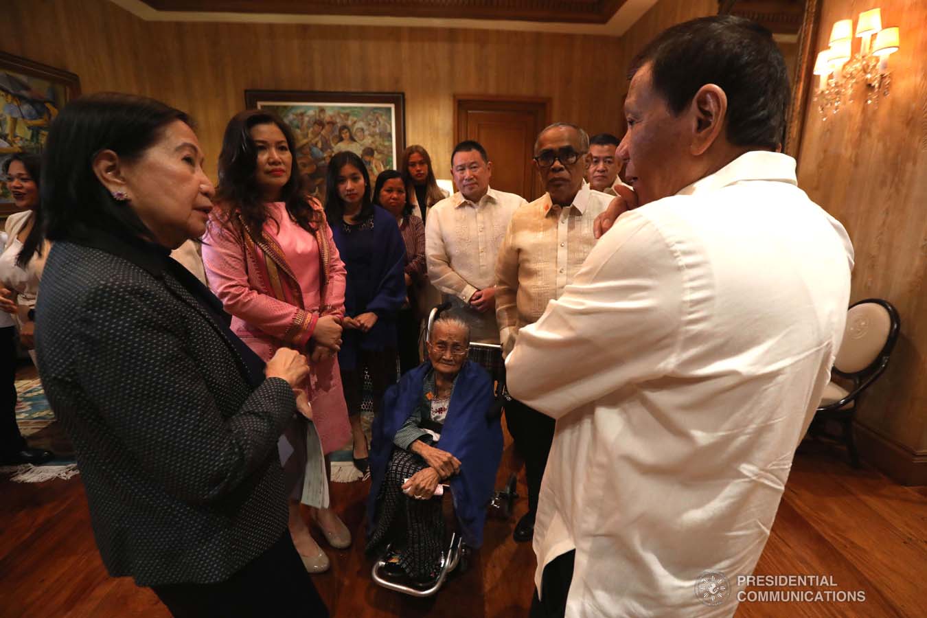 President Rodrigo Roa Duterte discusses matters with Philippine Amusement and Gaming Corporation Chairman and CEO Andrea Domingo during the meeting with 2012 Gawad Manlilikha ng Bayan for Textile Awardee Magdaleno Gamayo at the Malacañan Palace on December 18, 2019. KARL NORMAN ALONZO/PRESIDENTIAL PHOTO