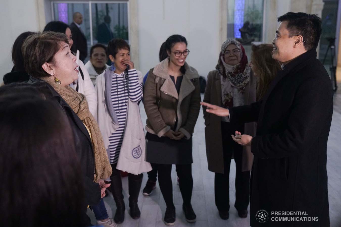 Presidential Assistant on Foreign Affairs and Chief of Presidential Protocol Robert Borje interacted with the Filipino community living in the Republic of Tunisia. Undersecretary Borje conveyed the message of President Rodrigo Roa Duterte during the town hall type meeting held at the Philippine Legation Office, Immueble AEG, Les Berges du Lac in Tunis on December 19, 2019. President Rodrigo Roa Duterte designated Undersecretary Borje as Special Envoy to special missions aimed at checking the conditions of overseas Filipino workers in North Africa and the Middle East. Tunisia is the first of three countries to be visited. The missions will also include the Kingdom of Saudi Arabia and the Kingdom of Bahrain. PRESIDENTIAL PHOTO