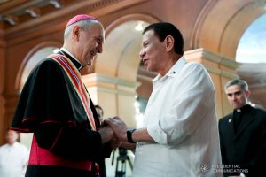 President Rodrigo Roa Duterte bids farewell to outgoing Apostolic Nuncio of the Holy See to the Philippines Archbishop Gabriele Caccia who paid a farewell call to the President at the Malacañan Palace on December 11, 2019. ROBINSON NIÑAL JR./PRESIDENTIAL PHOTO