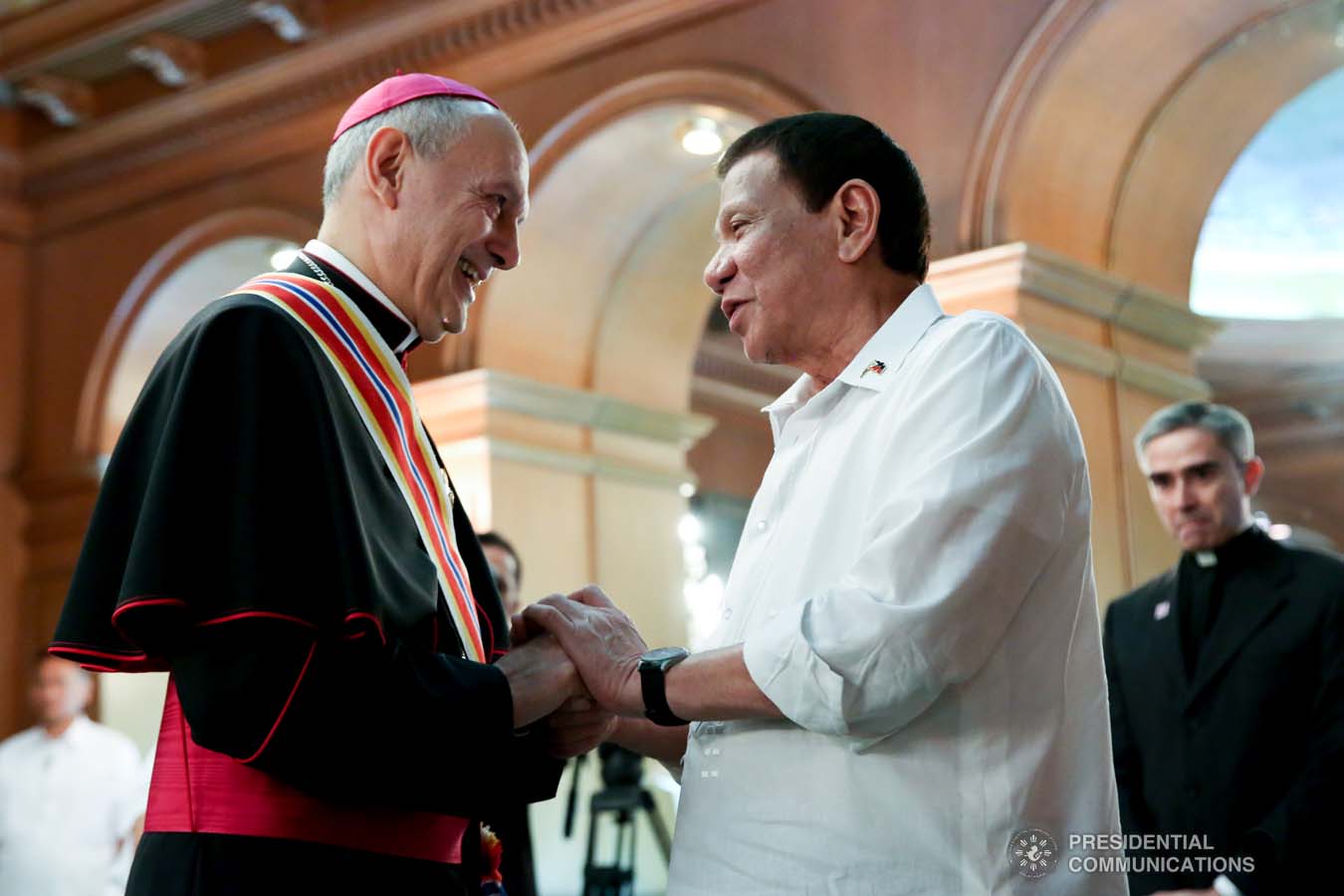 President Rodrigo Roa Duterte bids farewell to outgoing Apostolic Nuncio of the Holy See to the Philippines Archbishop Gabriele Caccia who paid a farewell call to the President at the Malacañan Palace on December 11, 2019. ROBINSON NIÑAL JR./PRESIDENTIAL PHOTO
