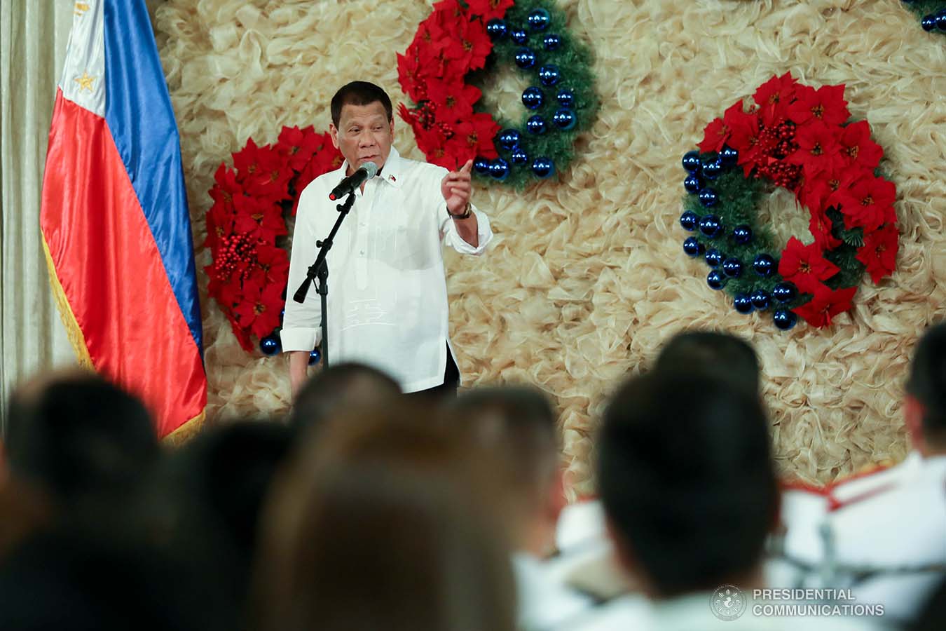 President Rodrigo Roa Duterte delivers his speech during the oath-taking ceremony of the newly-appointed flag officers of the Armed Forces of the Philippines and star-ranked officers of the Philippine National Police at the Malacañan Palace on December 9, 2019. ROBINSON NIÑAL JR./PRESIDENTIAL PHOTO