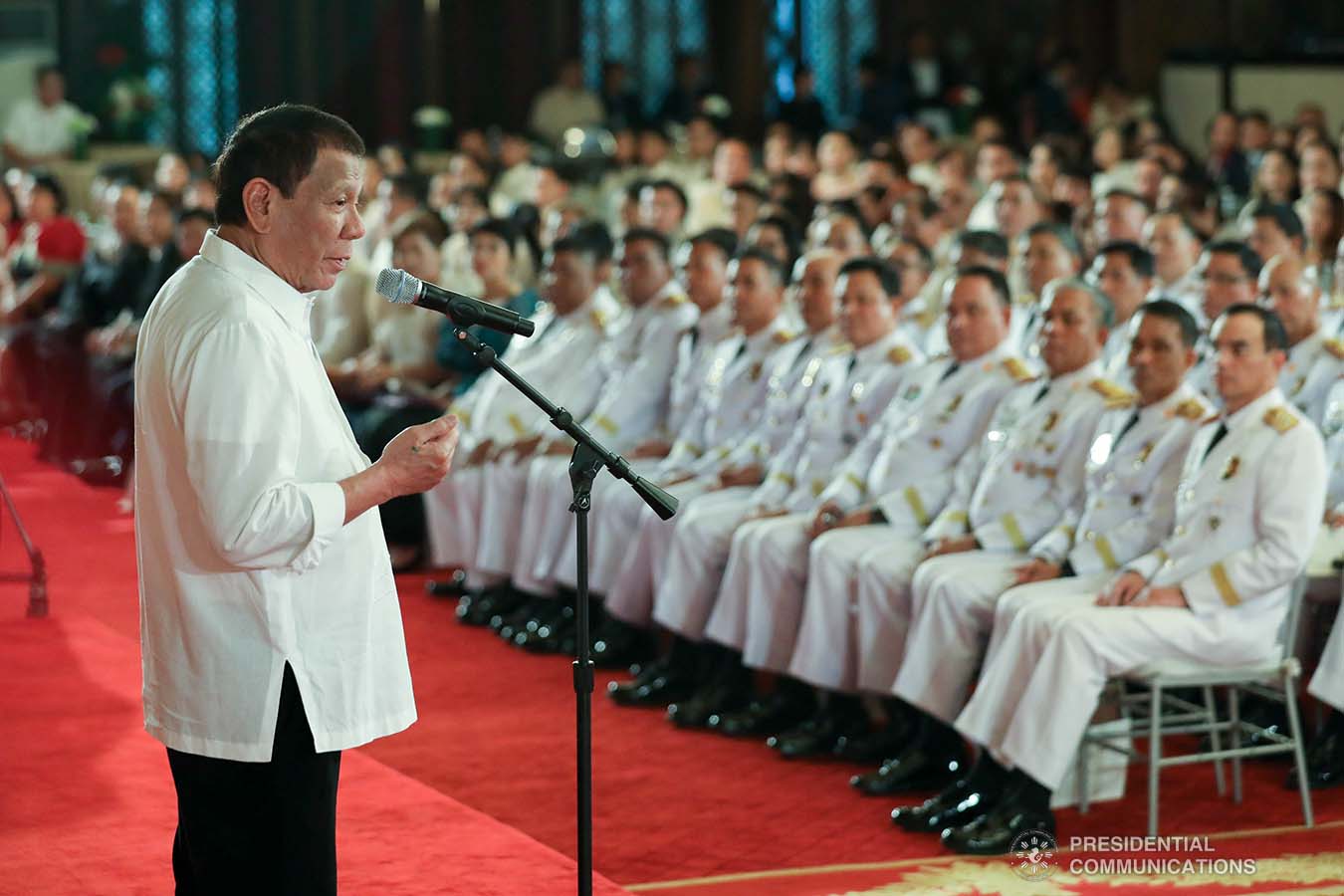 President Rodrigo Roa Duterte delivers his speech during the oath-taking ceremony of the newly- appointed flag officers of the Armed Forces of the Philippines and star-ranked officers of the Philippine National Police at the Malacañan Palace on December 9, 2019. ROBINSON NIÑAL JR./PRESIDENTIAL PHOTO