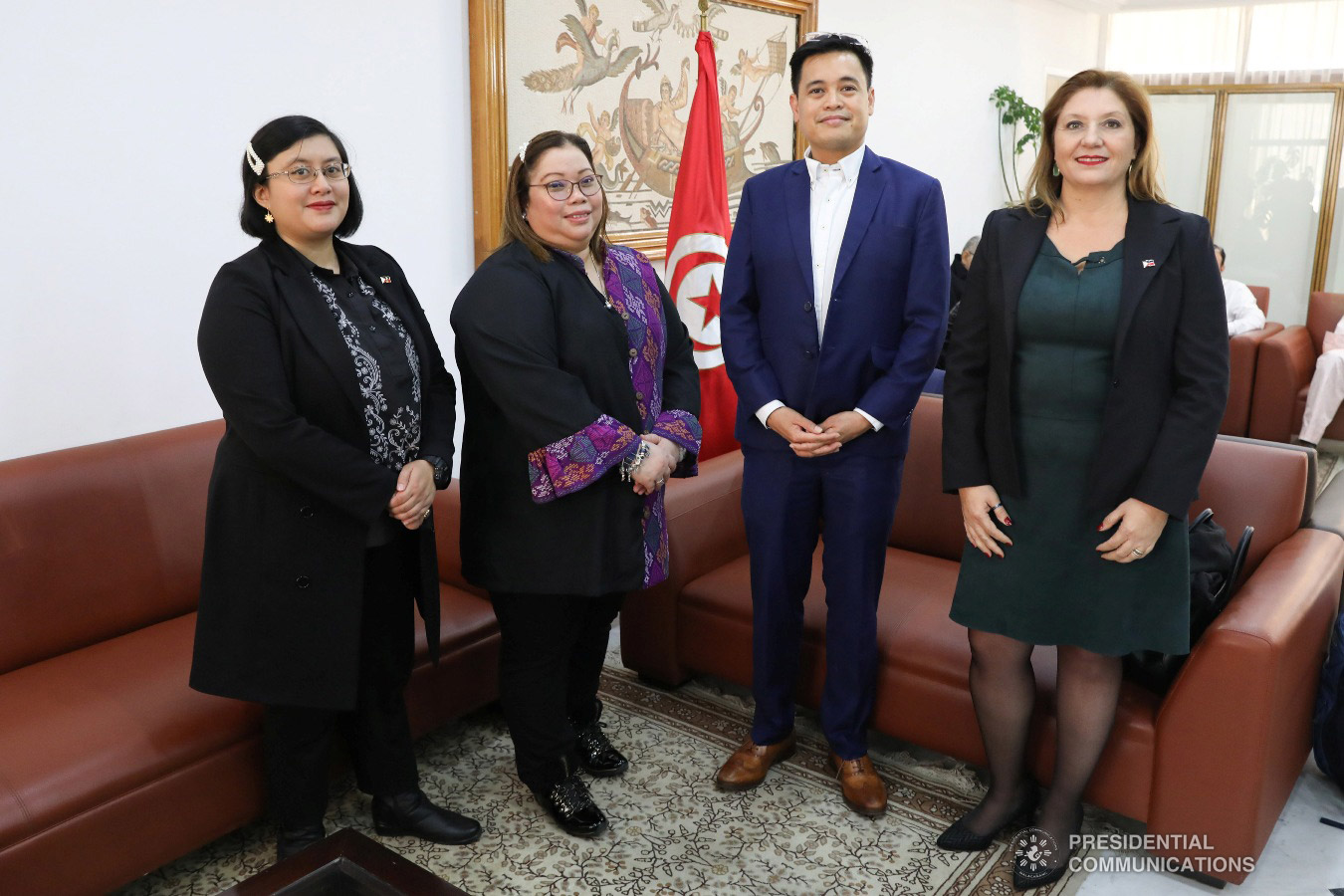 Presidential Assistant on Foreign Affairs and Chief of Presidential Protocol Undersecretary Robert Borje is welcomed by Vice Consul Maria Cecilia Hernandez, Honorary Consul of the Philippines to Tunisia Sonia Ayed, and Foreign Affairs Under Secretary for Migrant Workers’ Affairs Sarah Arriola upon his arrival at Tunis Carthage Airport in the Republic of Tunisia on December 19, 2019. President Rodrigo Roa Duterte designated Undersecretary Borje as Special Envoy to special missions aimed at checking the conditions of overseas Filipino workers in North Africa and the Middle East. Tunisia is the first of three countries to be visited. The missions will also include the Kingdom of Saudi Arabia and the Kingdom of Bahrain. PRESIDENTIAL PHOTO