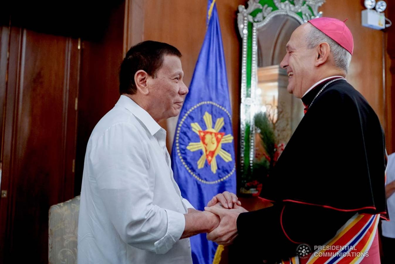 President Rodrigo Roa Duterte bids farewell to outgoing Apostolic Nuncio of the Holy See to the Philippines Archbishop Gabriele Caccia who paid a farewell call to the President at the Malacañan Palace on December 11, 2019. KING RODRIGUEZ/PRESIDENTIAL PHOTO