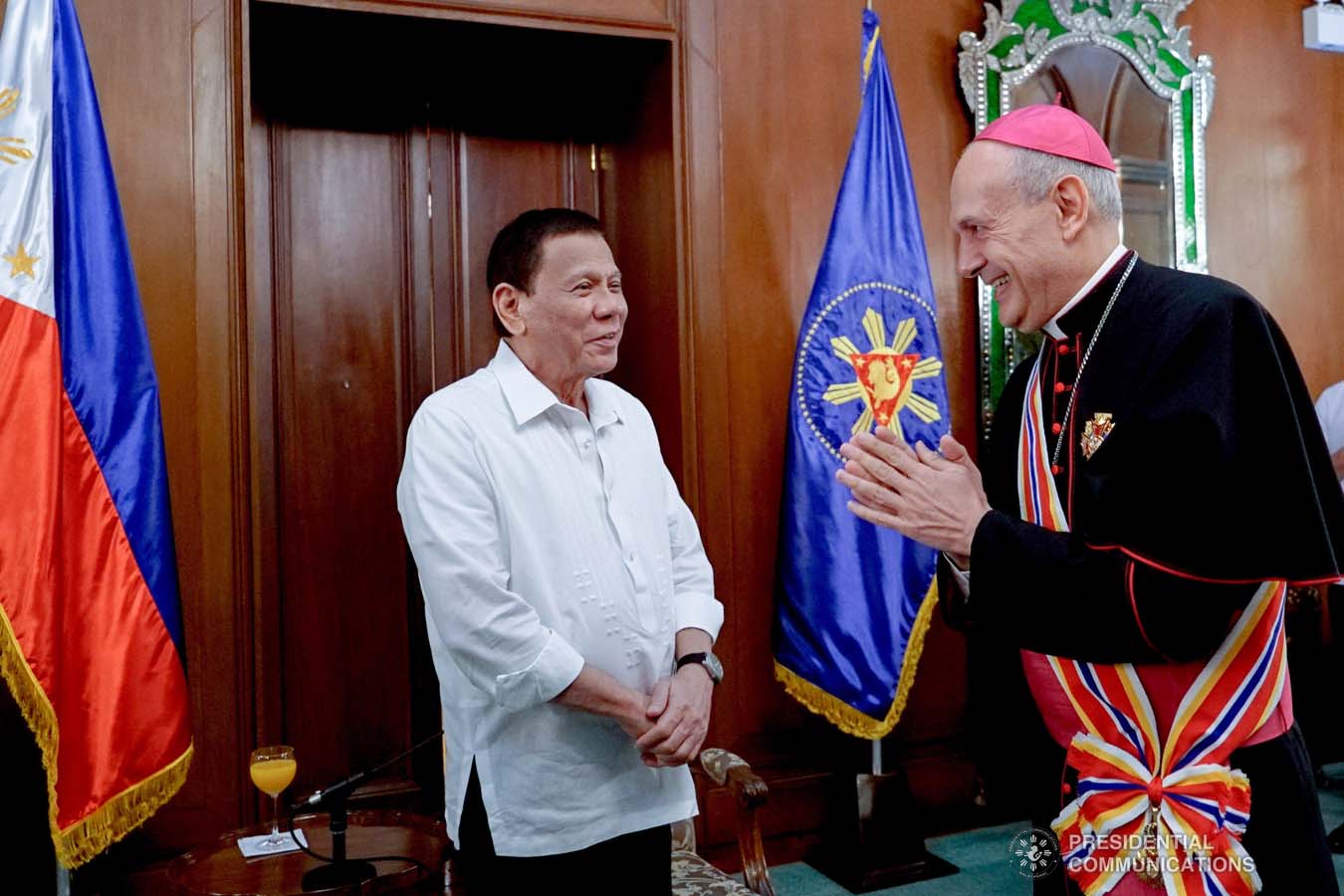 President Rodrigo Roa Duterte bids farewell to outgoing Apostolic Nuncio of the Holy See to the Philippines Archbishop Gabriele Caccia who paid a farewell call to the President at the Malacañan Palace on December 11, 2019. KING RODRIGUEZ/PRESIDENTIAL PHOTO