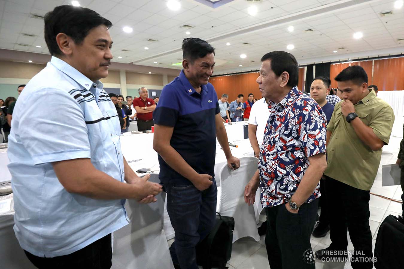 President Rodrigo Roa Duterte is greeted by Albay Second District Representative Joey Salceda upon his arrival at the Legazpi City Convention Center for the situation briefing on the effects of Typhoon Tisoy on December 5, 2019. KARL NORMAN ALONZO/PRESIDENTIAL PHOTO