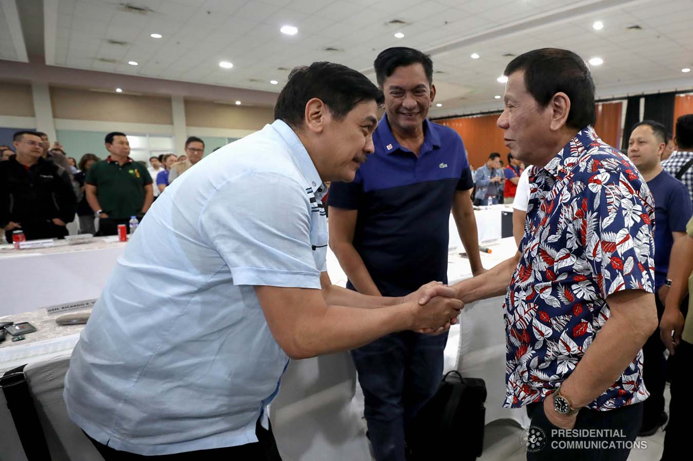 President Rodrigo Roa Duterte is greeted by a local government official upon his arrival at the Legazpi City Convention Center for the situation briefing on the effects of Typhoon Tisoy on December 5, 2019. KARL NORMAN ALONZO/PRESIDENTIAL PHOTO