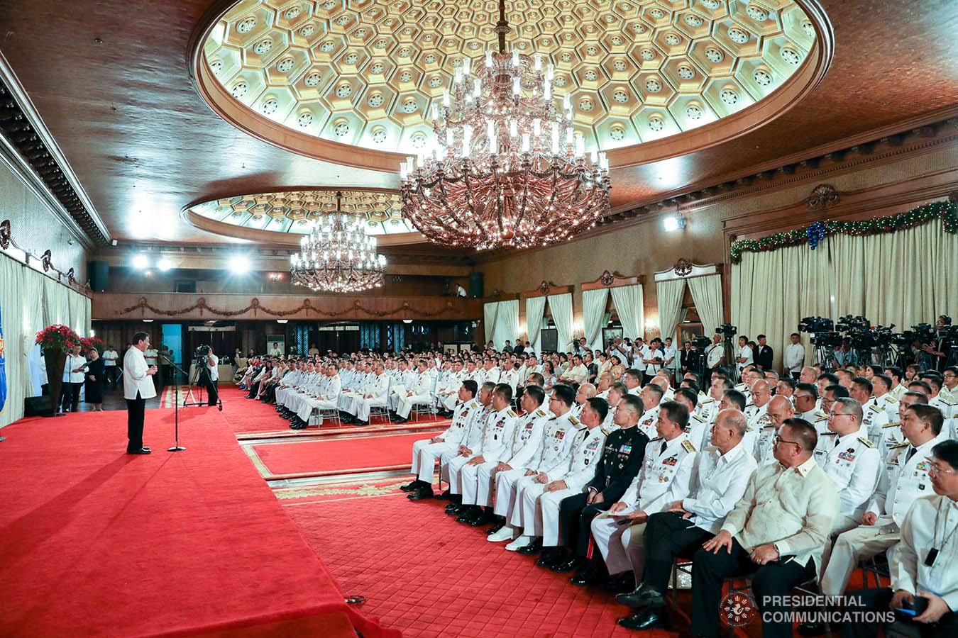 President Rodrigo Roa Duterte delivers his speech during the oath-taking ceremony of the newly- appointed flag officers of the Armed Forces of the Philippines and star-ranked officers of the Philippine National Police at the Malacañan Palace on December 9, 2019. KARL NORMAN ALONZO/PRESIDENTIAL PHOTO
