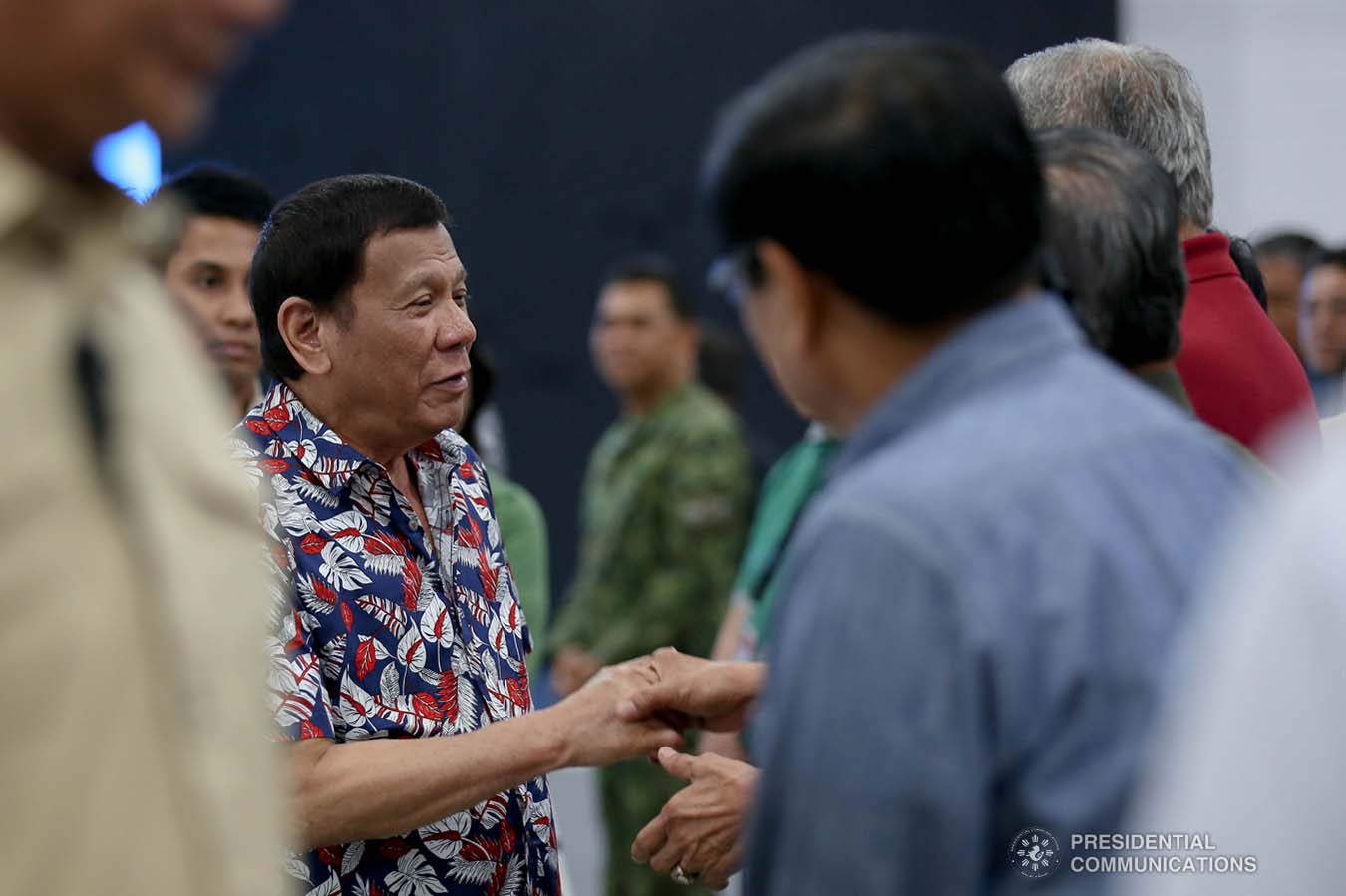 President Rodrigo Roa Duterte is greeted by a local government official upon his arrival at the Legazpi City Convention Center for the situation briefing on the effects of Typhoon Tisoy on December 5, 2019. KARL NORMAN ALONZO/PRESIDENTIAL PHOTO