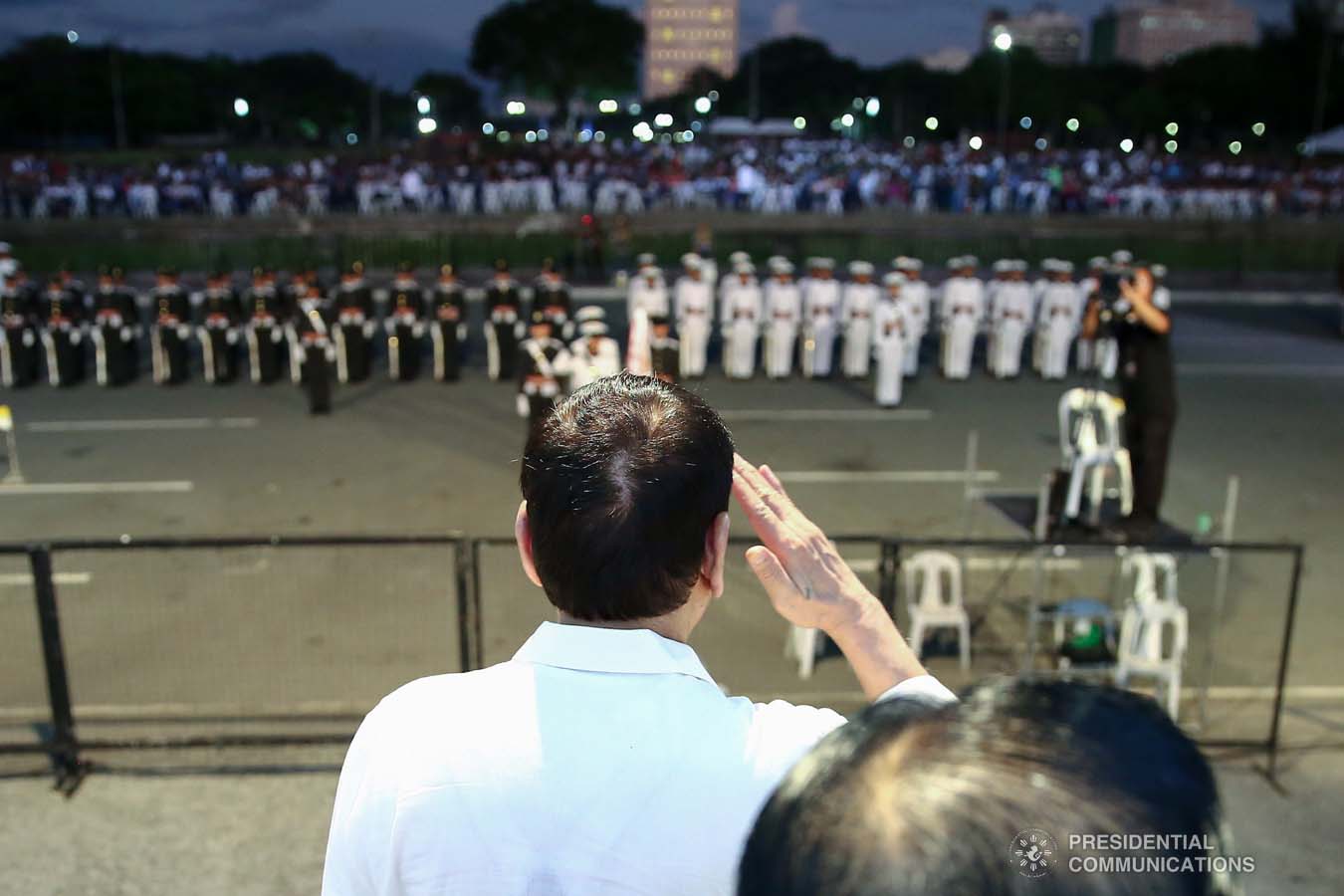 President Rodrigo Roa Duterte salutes the participants of the National Reserve Officers' Training Corps (ROTC) Summit and the 1st Presidential Silent Drill Competition at the Quirino Grandstand in Manila on December 20, 2019. REY BANIQUET/PRESIDENTIAL PHOTO