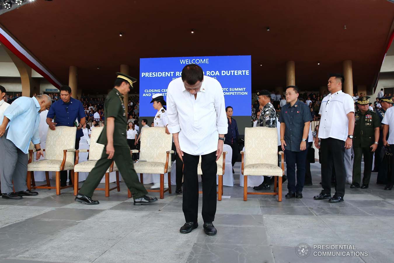 President Rodrigo Roa Duterte takes a bow before the guests during the closing ceremony of the National Reserve Officers' Training Corps (ROTC) Summit and the 1st Presidential Silent Drill Competition at the Quirino Grandstand in Manila on December 20, 2019. REY BANIQUET/PRESIDENTIAL PHOTO