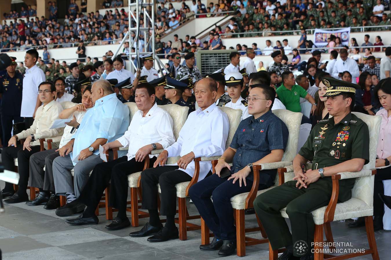 President Rodrigo Roa Duterte witnesses the program proper during the closing ceremony of the National Reserve Officers' Training Corps (ROTC) Summit and the 1st Presidential Silent Drill Competition at the Quirino Grandstand in Manila on December 20, 2019. REY BANIQUET/PRESIDENTIAL PHOTO