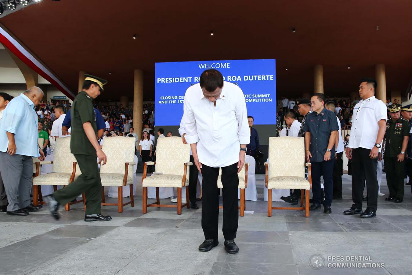 President Rodrigo Roa Duterte takes a bow before the guests during the closing ceremony of the National Reserve Officers' Training Corps (ROTC) Summit and the 1st Presidential Silent Drill Competition at the Quirino Grandstand in Manila on December 20, 2019. REY BANIQUET/PRESIDENTIAL PHOTO